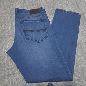 Buffalo David Bitton Slim Straight Jeans in Blue with Brown Patch